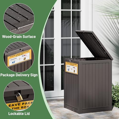 Outdoor Package Delivery Box with Lockable Secure and Sign, Resin Waterproof Outdoor Package Drop Container for Backyard, Garden, Patio & Lawn, Brown with Sign - color: 021 Brown