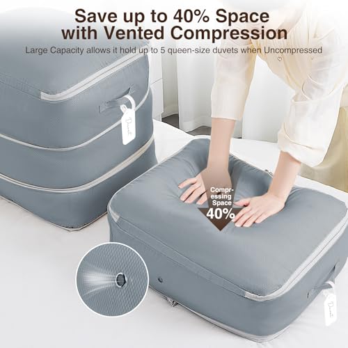Homsorout 4 Pack Compression Storage Bags - 110L Large Capacity Comforter Storage Bag, 3-Layer Washable Ultra Space Saving Self Compression Organizer Space Bags for Blanket, Sweater, Sheet, Light Gray - color: Light Gray, size: 110L-4 Pack