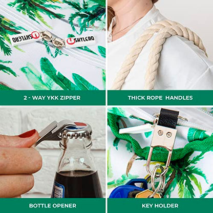 Beach Bag and Pool Bag Has Cooler Pocket, 7 Pockets Total, Zip Top. Family Size Waterproof Beach Tote - color: Palm Leaves