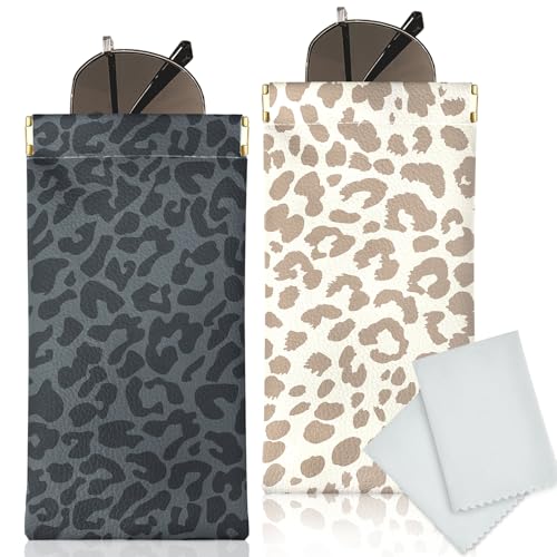 Glasses Case Soft, Eyeglass Cases for Women Portable Squeeze Top PU Leather 2 Pack Glasses Pouch with Cleaning Cloth - color: 2pcs Black Leopard+brown Leopard