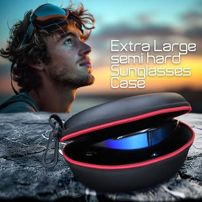 MyEyeglassCase Sports Sunglasses Case and Slim wallet Semi hard large glasses case w/belt clip soft pouch & cloth - color: B701 XL Black/Red