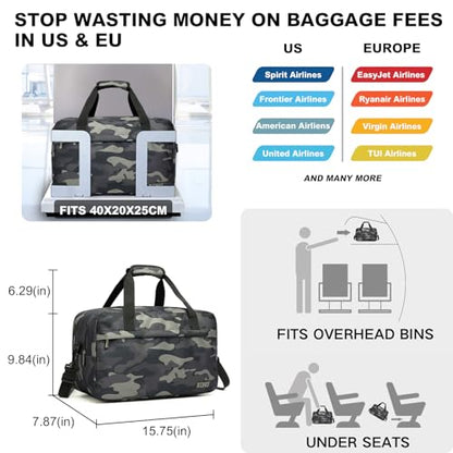 Kono Travel Duffel 20L Under Seat Carry-On Sports Tote Gym Weekender Overnight Bag - 15.75"x9.84"x7.87" Camo - color: Camo, size: M(15.75in x 9.84in x 7.87in)-20L