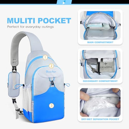 Seektop RFID Anti-Theft Crossbody Bag Sling Backpack for Women & Men, Casual Chest Daypack for Daily Travel - color: White Blue