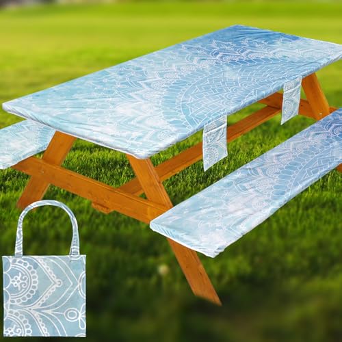Fitted Picnic Table Cover with Bench Covers, Windproof Vinyl Table Cloths Outside Camping Cooking Backyard Furniture Seat Cushion Tablecloth Activities Party Decor Decorations Para Acampar Equipment - color: Blue Mandala, size: 72in