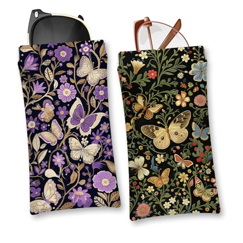 Eyeglasses Sunglasses Case PU Soft Squeeze Top Glasses Pouch for Women Men,Animal Pattern Portable Anti Scratch - color: Purple-butterflies