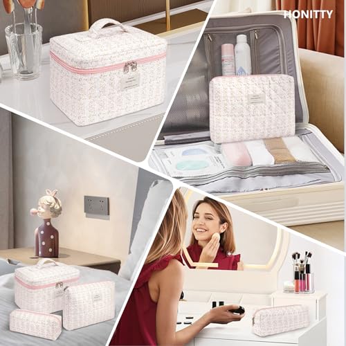 honitty Makeup Bag,Quilted Cosmetic Bags,Large Floral Make Up Organize bag,Makeup Bag Set for Women,Flower Travel Toiletry Bag - color: Pink flower