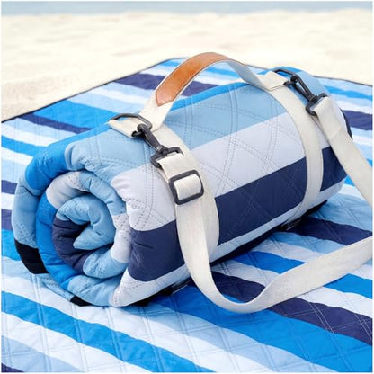 Genovega Waterproof Beach Blanket Picnic Outdoor Mat Rug Registry Wedding Search by Name Couple House Warming 2026 Housewarming Family Hostess Anniversary New Apartment Home Essential Must Have - color: Blue Black Stripe