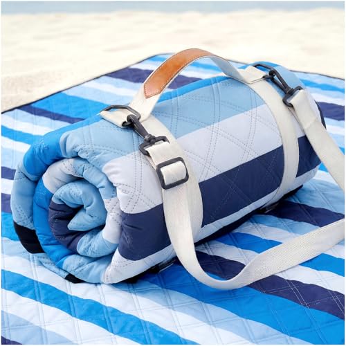 Genovega Waterproof Beach Blanket Picnic Outdoor Mat Rug Registry Wedding Search by Name Couple House Warming 2026 Housewarming Family Hostess Anniversary New Apartment Home Essential Must Have - color: Blue Black Stripe