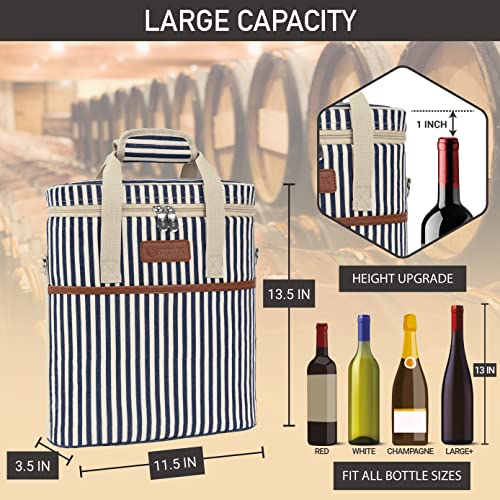 Opux 3-Bottle Wine Carrier Tote, Insulated Leakproof Cooler Bag, Portable Wine Bottle Tote for Picnic, BYOB, Beach - Stripe - color: Navy Stripes