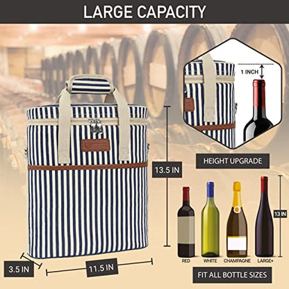 Opux 3-Bottle Wine Carrier Tote, Insulated Leakproof Cooler Bag, Portable Wine Bottle Tote for Picnic, BYOB, Beach - Stripe - color: Navy Stripes