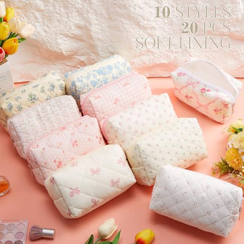 Paterr 20 Pcs Cotton Quilted Makeup Bag Bulk Coquette Cosmetics Bag Flower Aesthetic Essential Pouch Emergency Travel Toiletry Cotton Pouch Gifts for Women (Bow Floral) - style: Bow Floral