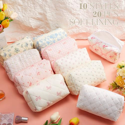 Paterr 20 Pcs Cotton Quilted Makeup Bag Bulk Coquette Cosmetics Bag Flower Aesthetic Essential Pouch Emergency Travel Toiletry Cotton Pouch Gifts for Women (Bow Floral) - style: Bow Floral