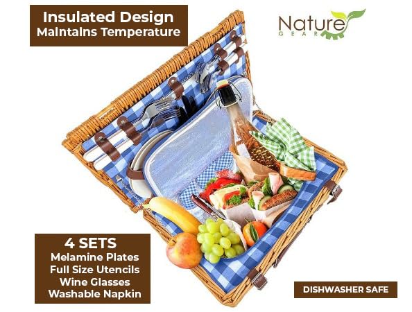 Nature Gear Picnic Basket, Wicker Basket with Handle for Outdoors, Insulated Woven Basket, Includes a Service Kit of Dinnerware & Wine Glasses, Picnic Basket Set for 4 with Blanket, Blue & White - color: Blue & White & Blanket