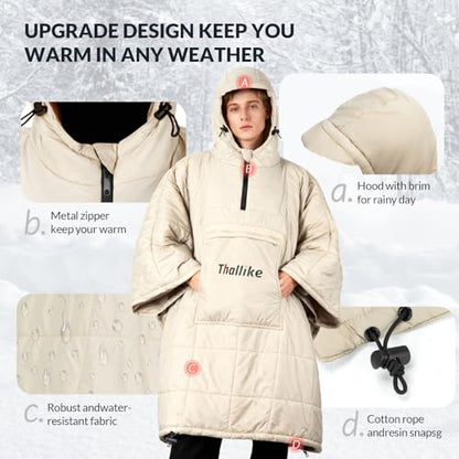 Camping Blanket with Zipper Pocket, 85'' x 61'' Large Wearable Hooded Blanket, Ultralight Warm Sleeping Bag, Windproof Camping Poncho for Outdoor Stadium Sports Gaming Hiking Picnic Concerts - color: Off-white