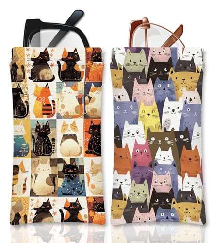 Eyeglasses Sunglasses Case PU Soft Squeeze Top Glasses Pouch for Women Men,Animal Pattern Portable Anti Scratch - color: Beige-cat