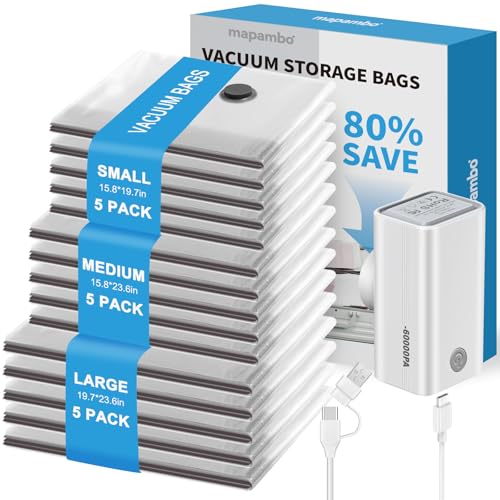 15 Pack Vacuum Seal Bags for Clothing Travel with -60000Pa USB Pump, Save 80% of Space for Clothes (15 Combo Size) - size: 15 Combo Size