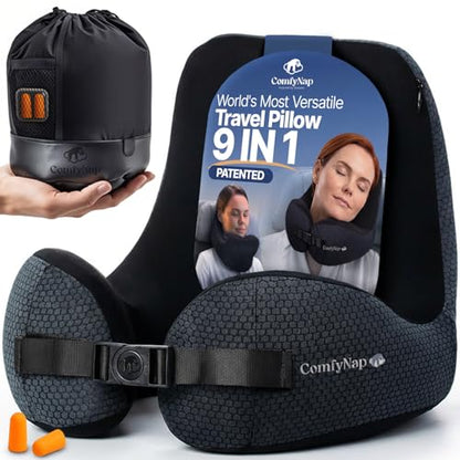 ComfyNap® Versatile Travel Neck Pillow for Airplane [Patented], 9 Positions in 3 Techniques, Plane Pillow with Pure Memory Foam, Travel Pillow with HeadRest Flight Sleep, Travel Essential - Mercury - color: Mercury