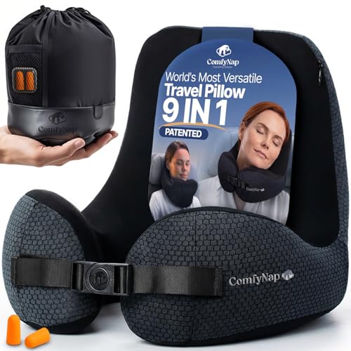 ComfyNap® Versatile Travel Neck Pillow for Airplane [Patented], 9 Positions in 3 Techniques, Plane Pillow with Pure Memory Foam, Travel Pillow with HeadRest Flight Sleep, Travel Essential - Mercury - color: Mercury