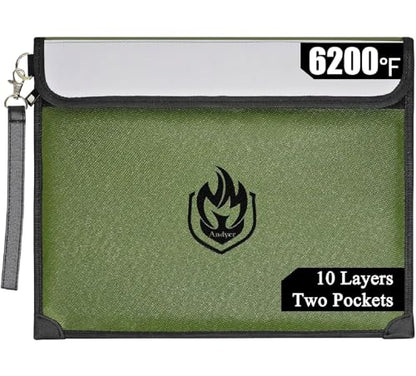 2 Pockets Fireproof Document Bag 6200°F, 10 Layers Waterproof Fireproof Money Bag for Cash with Reflective Strip, Heat Insulated Waterproof Document Holder Pouch, Fire Safe Storage (Green) - color: Green