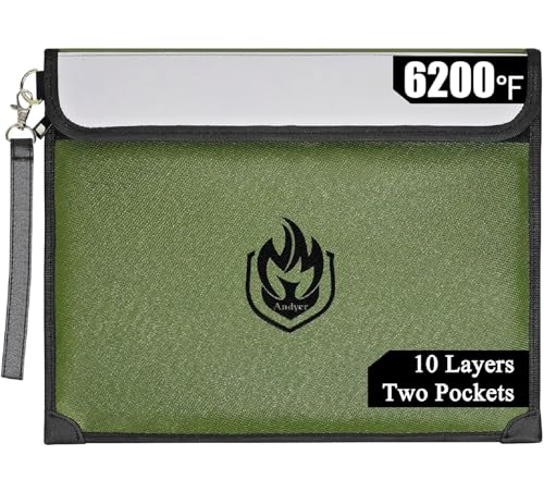2 Pockets Fireproof Document Bag 6200°F, 10 Layers Waterproof Fireproof Money Bag for Cash with Reflective Strip, Heat Insulated Waterproof Document Holder Pouch, Fire Safe Storage (Green) - color: Green
