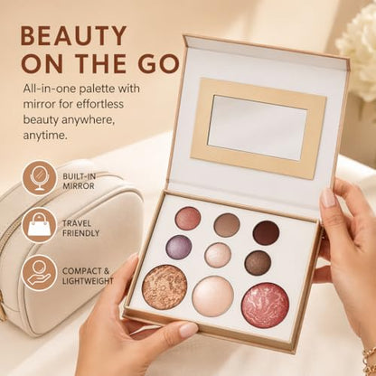 Multifunctional Makeup Palette - 6 Eyeshadows + 3 Face Powders, Neutral Shades, Cruelty-Free, Inspired by Premium Tuscan Palettes (White)