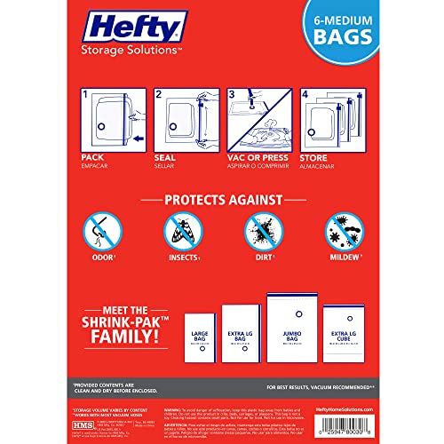 Hefty Shrink-Pak Vacuum Storage Bags - Space Saver for Under Bed Storage, Clothing and Comforters, 3X More Storage Space, 6 Medium Zipper Bags - style: 6 Medium / Clothing