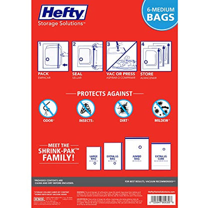 Hefty Shrink-Pak Vacuum Storage Bags - Space Saver for Under Bed Storage, Clothing and Comforters, 3X More Storage Space, 6 Medium Zipper Bags - style: 6 Medium / Clothing