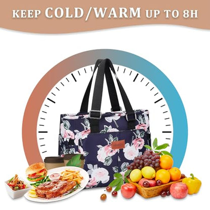 HSHRICH Large Peony Women's Lunch Bag, Insulated Aluminum Lunch Box with Side Pockets, Adjustable Carrying Options, Reusable and Easy to Clean - color: 05-Peony, size: Large