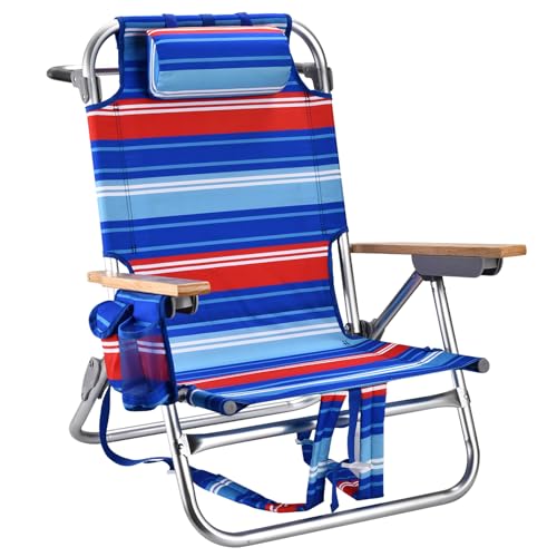 Backpack Beach Chairs for Adults Capacity 300 LBS Low 5 Position Beach Chair with Pouch Straps Folding Lightweight Reclining Aluminum Wide Lay Flat Single - color: 10in Wood Red Blue Stripes 1 Pack