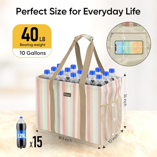 BALEINE Extra Large Utility Tote Bag with Reinforced Wire Frame, Reusable Grocery Bag for Shopping, Picnic (Color Strip, 16.5''x14''x10'') - color: Color Stripe, size: 16.5''x14''x10''