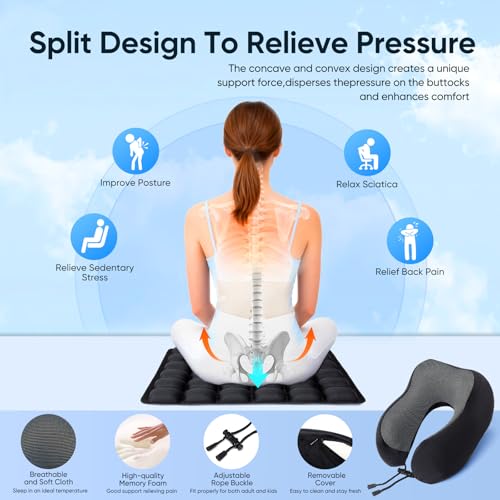 Travel mat - inflatable bubble design, used for car/office/airplane seat cushion, equipped with storage bags. Ergonomically designed 3D inflatable airbag, including neck pillow kit (Rectangle) - size: rectangle