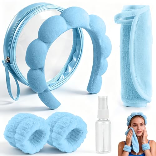 Real Perfection Spa Headband for Washing Face, Skincare Headband Wristband Set for Facial Mask Skin Care, Makeup Remover Towel Cloth Small Spray Bottle with Travel Makeup Bag Gifts for Women - Blue - color: Blue