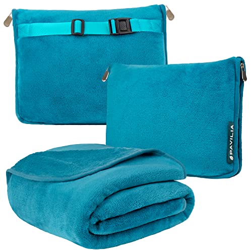 PAVILIA Travel Blanket Pillow, Soft Airplane Blanket 2-IN-1 Combo Set, Plane Blanket Compact Packable, Flight Essentials Car Pillow, Travelers Gifts Accessories Luggage Backpack Strap, 60x43 Teal Blue - color: Teal Blue