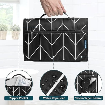 PAVILIA Hanging Toiletry Bag for Women Men, Large Foldable Toiletries Organizer with Hook, Water-Resistant Makeup Cosmetic Rollup Case, Clear Pockets for Bathroom, Gym, Cruise (Black Chevron) - color: Black Chevron