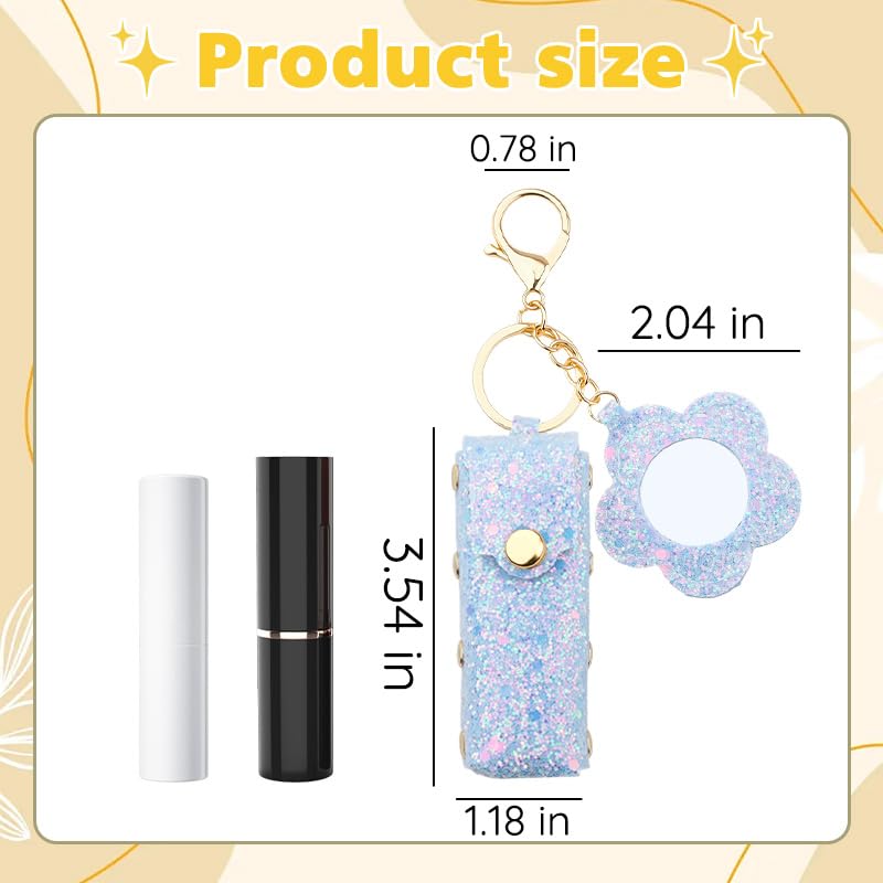 Sisadodo Glitter Lip Oil Holder Key Chains for Woman Lipstick Case with Mirror Lip Balm Keychain for Lipstick Case Keychain - color: Blue-flower