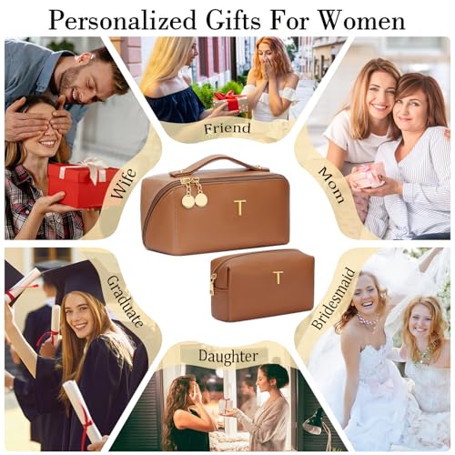 Birthday Gifts for Women Teen Girl, Personalized Initial Makeup Organizer Bag Set, Open Flat Travel Cosmetic Bag With Clear Divider and Handle(Brown,T) - color: Brown, style: T
