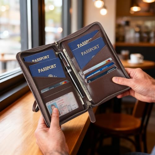 Polare Full Grain Leather Passport Holder Cover Case for Men and Women RFID Blocking Family Travel Wallet Holds 6 Passports - color: Coffee