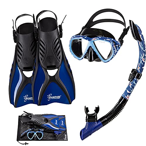 Seavenger Hanalei Anti-Fog 4-Piece Snorkeling Set with Soft-Flex Dry Snorkel, Adjustable Open-Heel Fins, Twin-Lens Mask, and Mesh Bag - color: Dark Floral, size: Medium