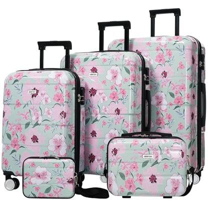 Merax Luggage Set,5 Piece Luggage with Handbag and Cosmetic Case,Harside Printing Suitcase with Wheels,Carry on Luggage Airline Approved(Green Pink Flower,8/14/20/24/28) - color: Green Pink Flower, style: 8/14/20/24/28