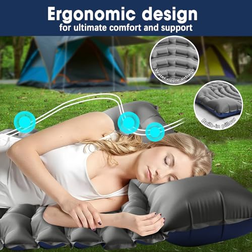 Double Sleeping Pad for Camping - Ultralight Air Mattress with Pillows, Built-in Foot Pump, Compact Inflatable 2-Person Portable Mat for Backpacking, Hiking, Tent, Car Travel, Beach，Road Trip - color: Cool Grey