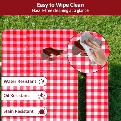 7ft Picnic Table and Bench Cover, Camping Essentials RV Gear, 84 in Waterproof Windproof Outdoor Elastic All Around Tablecloth, Fitted Rectangle Tables and Seats, Red-White Checkered - color: Red-white Checkered, size: 84"