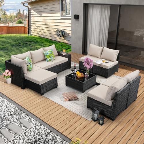 JOYURE 9 Pieces Patio Furniture Set All-Weather Outdoor Wicker Sectional Conversation Sofa Rattan Patio Seating Sofa with Cushion and Glass Table and Ottoman for Porch Poolside,Beige - color: Beige, size: 9 pieces set