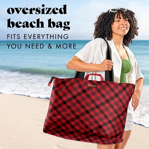 Fit & Fresh XL Beach Tote Bag for Women – XL Travel Tote with Zipper & Pockets, Oversized Canvas Pool Bag, Weekender Carry-On - color: Red Checkered