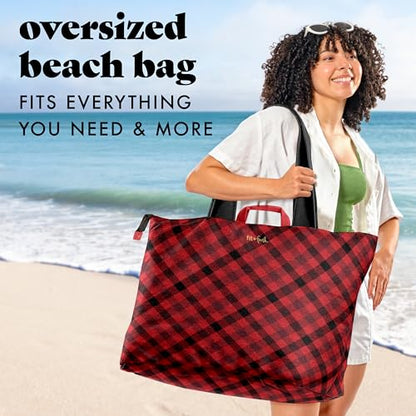 Fit & Fresh XL Beach Tote Bag for Women – XL Travel Tote with Zipper & Pockets, Oversized Canvas Pool Bag, Weekender Carry-On - color: Red Checkered