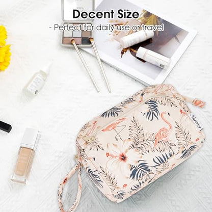 Narwey Women Makeup Bag Wide-open Make up Bag Travel Cosmetic Organizer Toiletry Bag for Cosmetics Toiletries Accessories (Beige Flamingo) - color: Y-Beige Flamingo