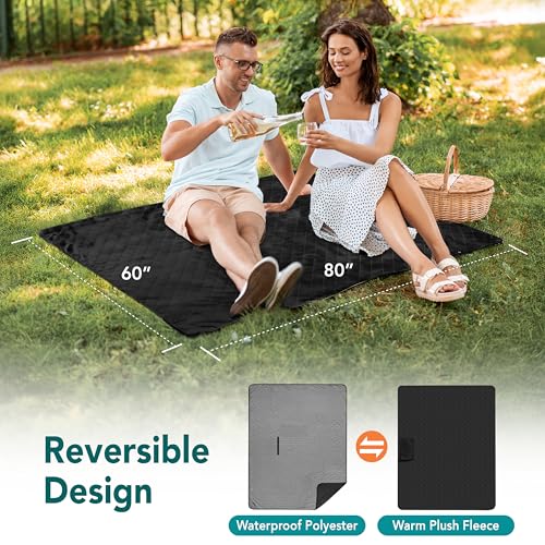 SUN CUBE Large Waterproof Camping Blanket, Fleece Quilted Stadium Blanket for Cold Weather, Windproof Foldable Outdoor Blanket Mat for Picnic, Beach, Pets, Car, 60x80in - color: Grey/Black Fleece