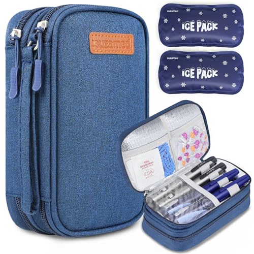 suzamed Insulin Cooler Travel Case, Double Layer Medicine Kit Diabetes Travel Case, Portable Medicine Organizer with 2Pack 150g Ice Pack TSA Approved for Insulin Pens Diabetic Supplies (Blue) - color: Blue