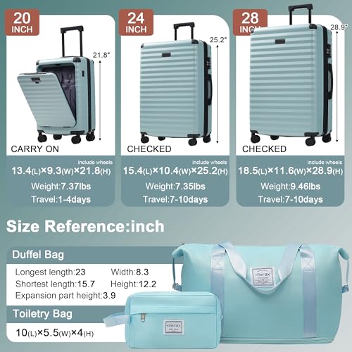 Merax Luggage Sets Front Opening, 3 Piece Hardshell Suitcase with Spinner Wheels and Bags,Lightweight Carry on Luggage with USB Port and Cup Holder,20+24+28,Light Blue - color: Light Blue, style: Front Open-20/24/28