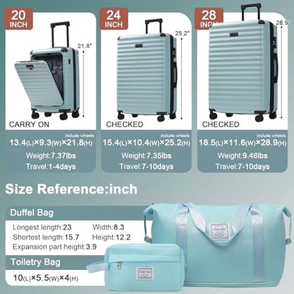Merax Luggage Sets Front Opening, 3 Piece Hardshell Suitcase with Spinner Wheels and Bags,Lightweight Carry on Luggage with USB Port and Cup Holder,20+24+28,Light Blue - color: Light Blue, style: Front Open-20/24/28
