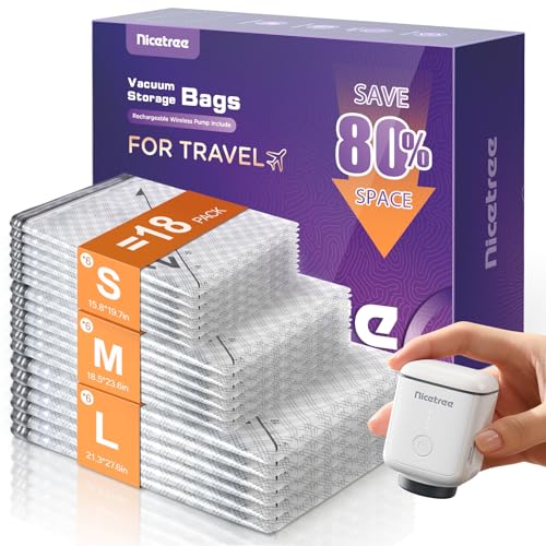 Nicetree 18-Pack Vacuum Bags for Travel with Rechargeable Pump, Compression Packing Bags for Carry-On Luggage & Suitcase, Vacuum Seal Bags for Clothing, 3 Sizes for Travel & Home Storage - style: 18 Combo Set